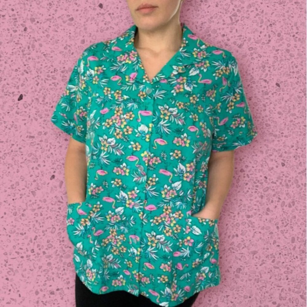 Anthony Richards Blouse shirt 3XL 4XL Turquoise Pink Flamingo pockets SS Smock